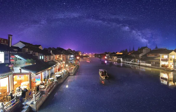 Space, stars, light, reflection, boat, home, neon, mirror