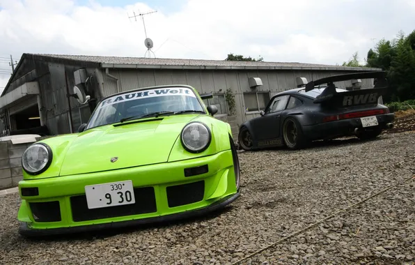 Porsche, Green, Black, Wide