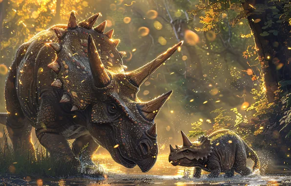 Water, Trees, Cub, Two, Horns, Triceratops, Animal, Digital art