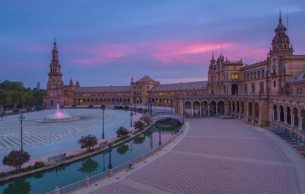 Picture sunset, bridge, river, the building, tower, area, fountain, architecture