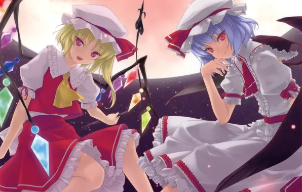 The full moon, red eyes, cap, touhou, art, ruffles, Touhou Project, Remilia Scarlet