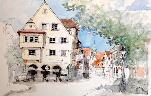 Picture the city, figure, France, home, watercolor, squid