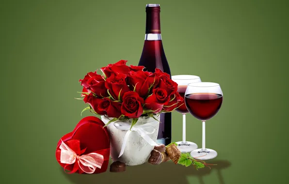 Gift, wine, roses, glasses, glass, wine, flowers, romantic