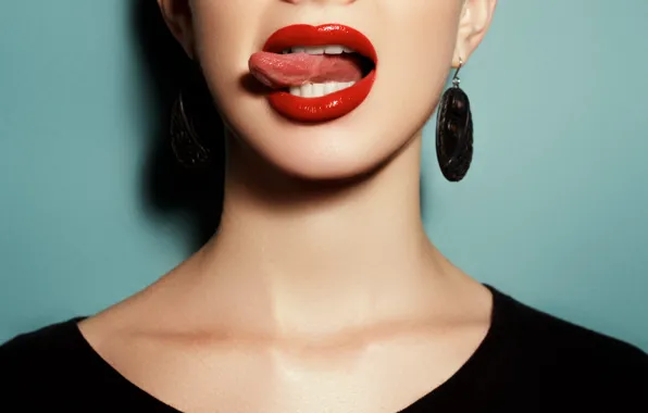 Language, teeth, earrings, mouth, lips, blue background, red lips