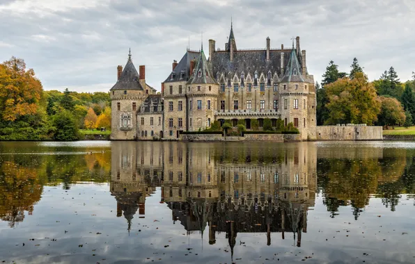 Autumn, water, clouds, trees, lake, pond, reflection, castle