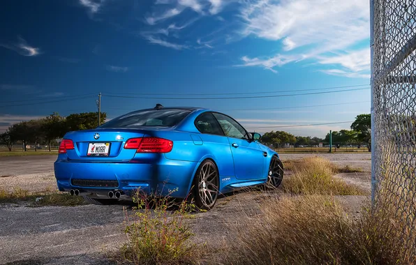 Trees, blue, bmw, BMW, blue, back, e92, power line