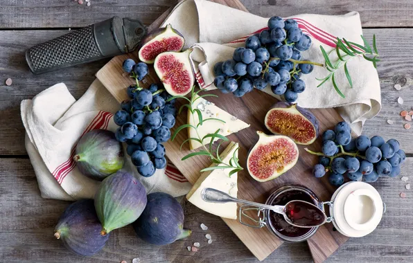 Cheese, grapes, jam, figs