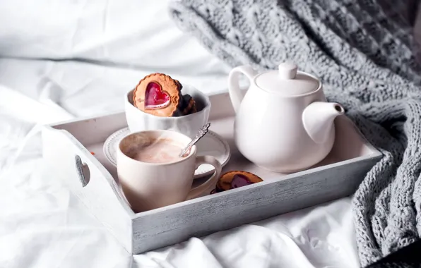 Tea, cookies, bed, teapot