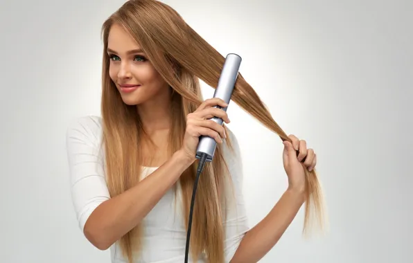 Picture woman, smile, hair iron