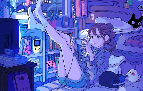 Cat, girl, smile, room, toys, window, girl, monitor