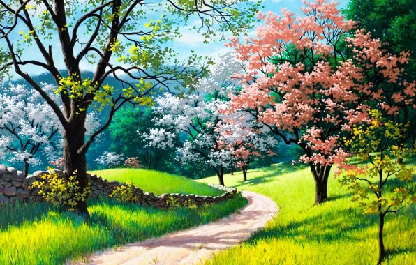 Road, grass, trees, landscape, nature, picture, spring, flowering