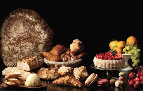 Apple, orange, strawberry, bread, grapes, cake, fruit, cakes