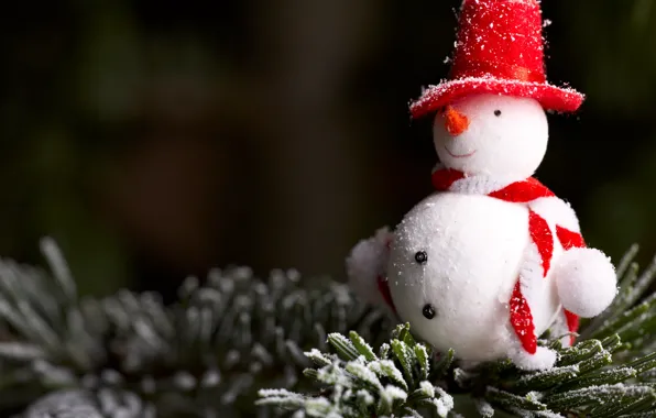 Picture close-up, branches, holiday, toy, tree, new year, snowman, coniferous