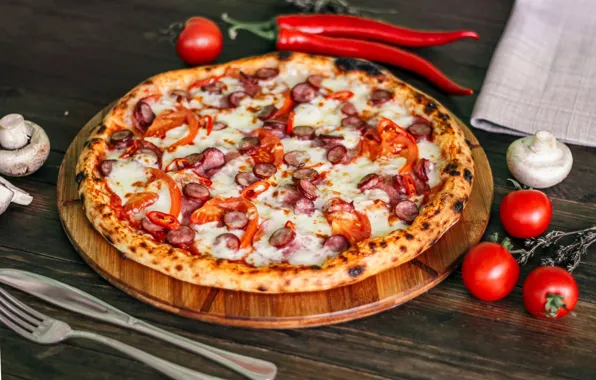 Mushrooms, cheese, pepper, pizza, tomatoes, sausages