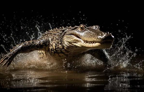 Jump, crocodile, bathing, pond, digital art, AI art, neural network, the art of artificial intelligence