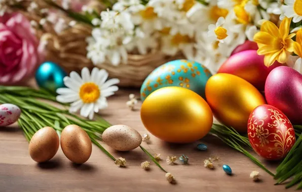 Flowers, eggs, spring, colorful, Easter, happy, flowers, spring