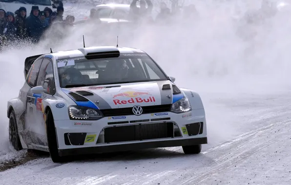 Picture Winter, Auto, White, Snow, Sport, Volkswagen, Machine, Logo, The hood, Skid, Lights, Red Bull, WRC, …