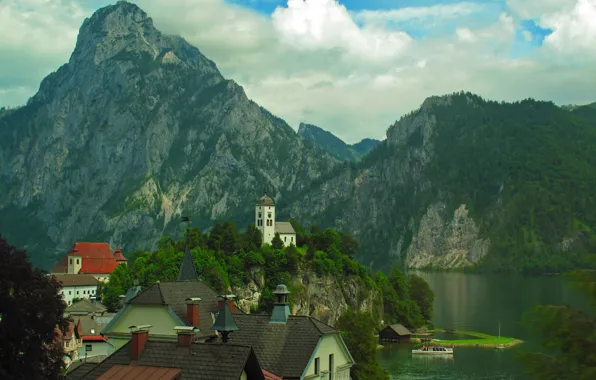 Trees, mountains, lake, rocks, home, Austria, chapel, Traunkirchen