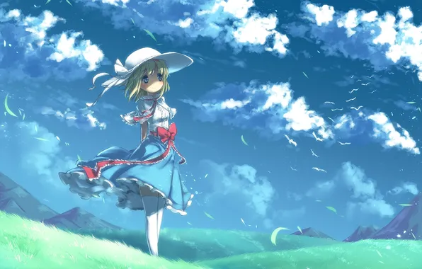 Field, grass, girl, clouds, mountains, the wind, hat, art