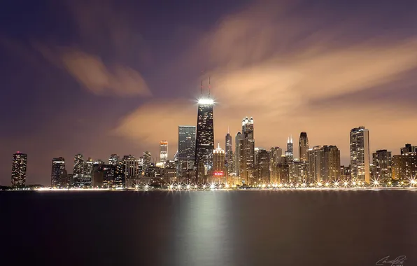 Water, night, the city, lights, skyscrapers, Chicago, Illinois