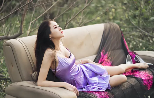 Picture girl, nature, sofa, dress