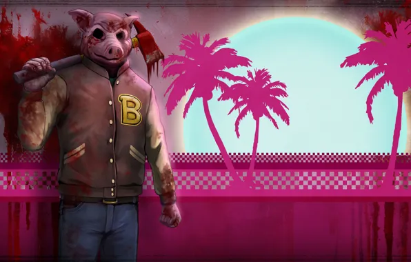 The sun, Pig, Palm trees, Blood, Axe, Mask, Jacket, Mask