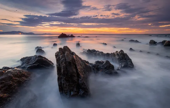 Picture beach, the sky, clouds, stones, rocks, excerpt, Spain, Barrika