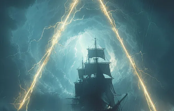 Picture Sea, Wave, Ship, Clouds, Sailboat, The portal, Digital art, AI art