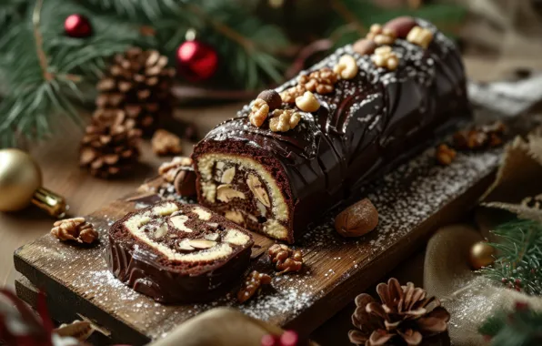 Table, Christmas, pie, New year, dessert, cakes, cutting, roll