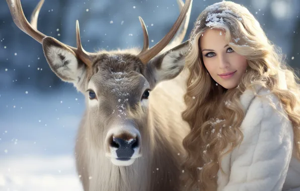 Winter, look, girl, light, snow, nature, portrait, deer
