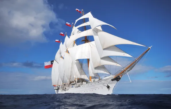 Picture waves, ocean, Chilean masted barquentine