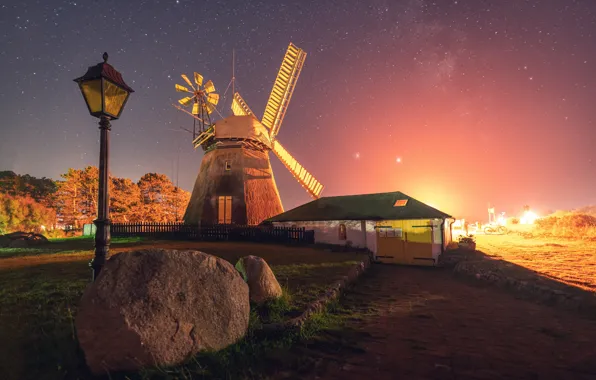 Picture landscape, night, stones, stars, lighting, mill, lantern, house