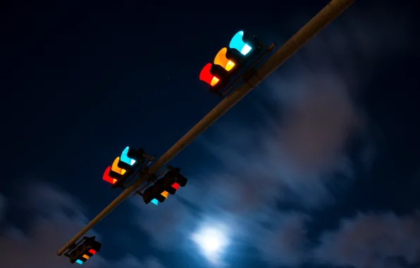 The sky, night, the city, traffic light