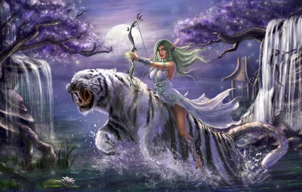 Picture girl, trees, night, tiger, jump, bow, waterfalls, elf