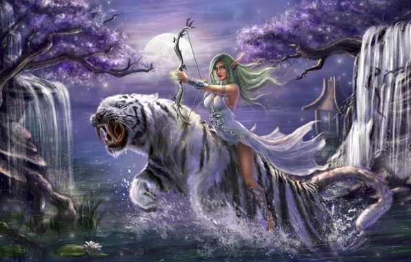 Girl, trees, night, tiger, jump, bow, waterfalls, elf