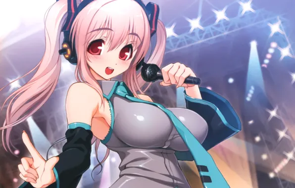 Look, girl, joy, scene, microphone, vocaloid, gesture, Vocaloid