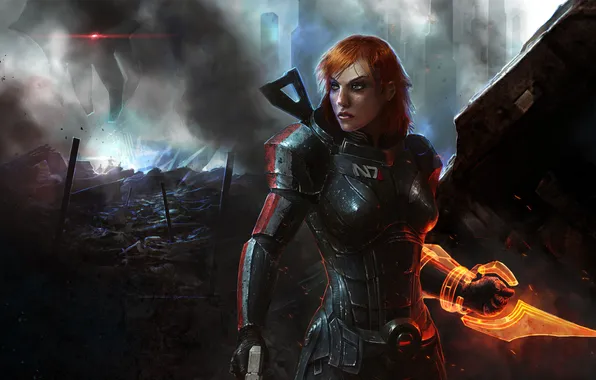 Picture the game, the ruins, armor, game, Shepard, Mass Effect 3, Shepard, FemShep