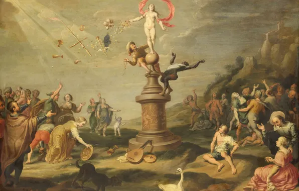 Picture oil, picture, mythology, 1671, Cornelis de Lingerie, Fortuna Shares His Gifts, Cornelis de Baellieur