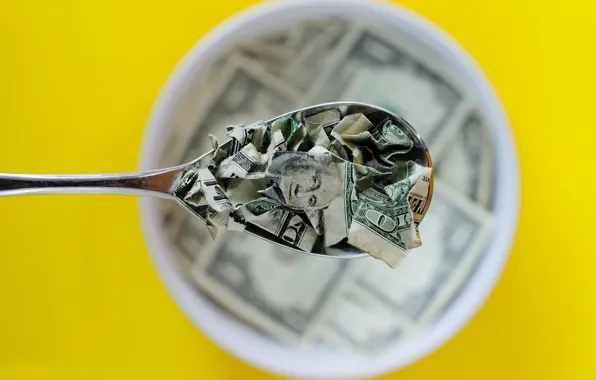 Picture money, Breakfast, spoon, dollars, torn, bokeh