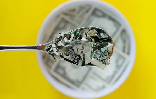 Money, Breakfast, spoon, dollars, torn, bokeh