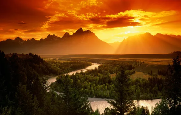 Sunset, mountains, river