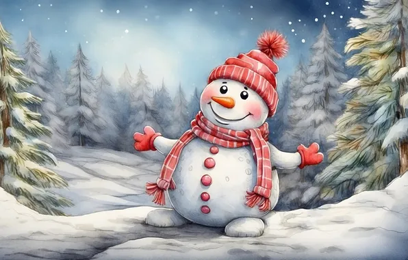 Winter, forest, snow, Christmas, the snow, New year, snowman, illustration