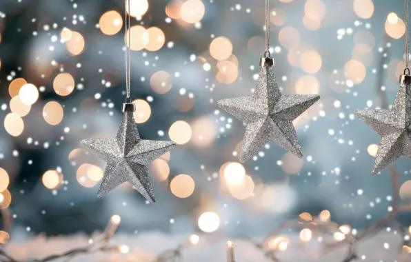 Winter, stars, snow, lights, Christmas, New year, snowfall, bokeh
