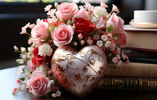 Love, flowers, gift, romance, heart, roses, love, happy