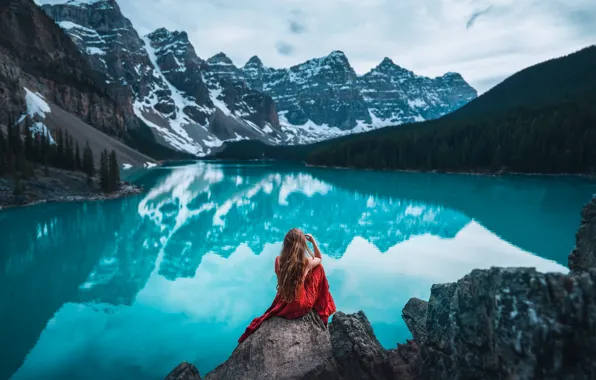 Forest, water, girl, landscape, mountains, lake, reflection, hair