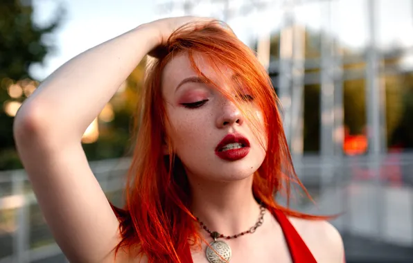 Picture close-up, pose, model, portrait, makeup, hairstyle, red, Angelina