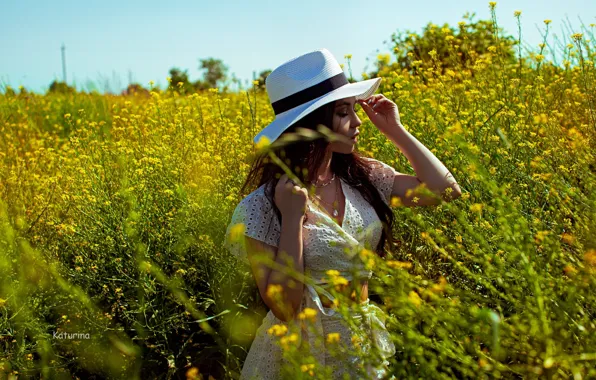 Sky, nature, flowers, model, women, brunette, plants, white hat