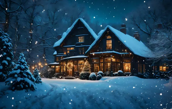 Winter, snow, night, house, Christmas, New year, house, hut