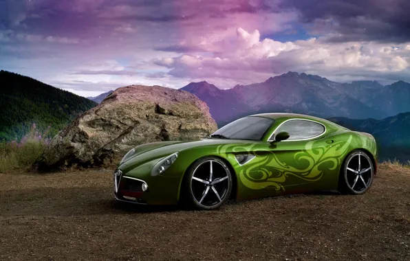 Picture the sky, rays, mountains, tuning, stone, rainbow, airbrushing, car