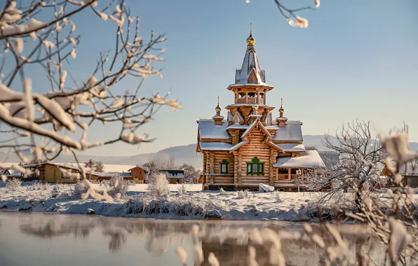 Picture winter, snow, branches, river, Church, Russia, Altai Krai, Church of St. Nicholas